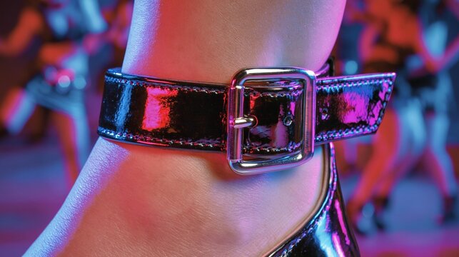 Close-up of a woman's ankle and patent leather high-heeled shoe with a buckle strap under colorful disco lights