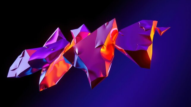 Abstract polygonal shapes, vibrant colors, purple, red, orange hues. Dramatic lighting creates glossy reflections, dark background.