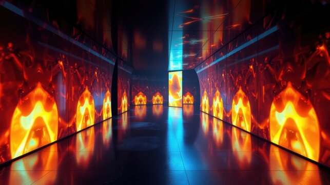 Dark corridor features repeating flame displays. Bright blue light emanates from central panel, creating dramatic perspective. Intense visuals dominate space.