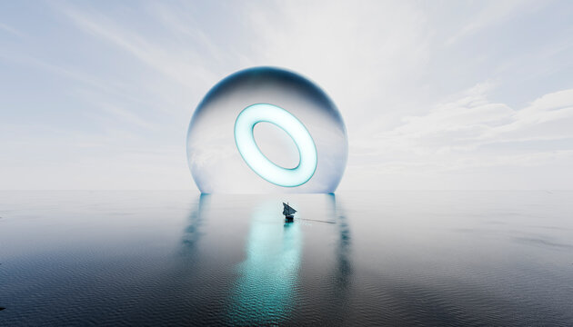 Small boat approaching a surreal glowing sphere on the ocean