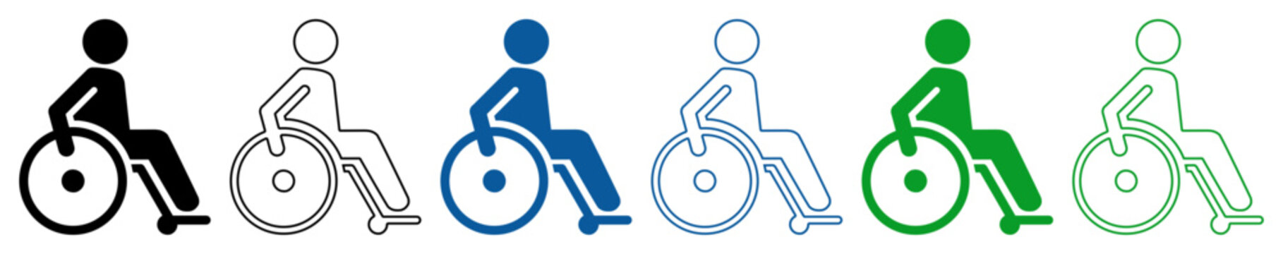 Wheelchair user icon set in black, blue and green, outlined and filled, accessibility symbol. Ideal for accessibility, disability support, or inclusive design.