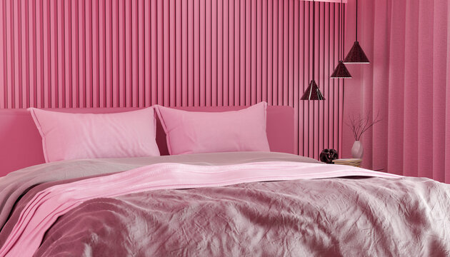 Modern minimalistic pink bedroom interior with no people