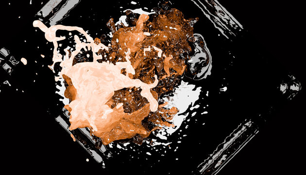 Dynamic splash of brown and white liquid mixing on black background