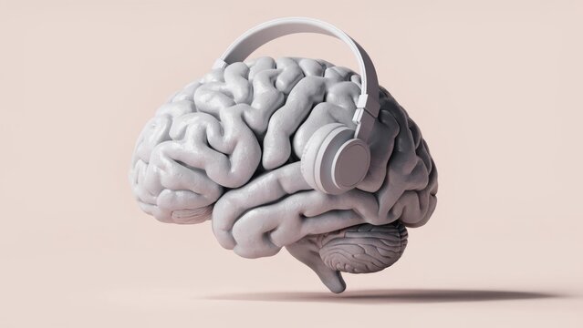 Brain, human brain, grey brain, brain with headphones, mental health
