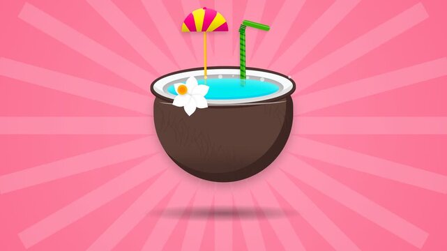 Refreshing Tropical Coconut Cocktail with Straw and Umbrella Animation on Pink Sunburst Background for Summer Promotions