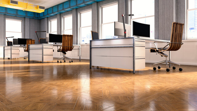 Modern empty corporate office interior with desks and computers