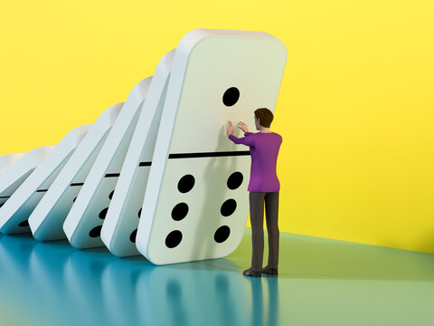 3D rendering of stopping a falling domino chain reaction