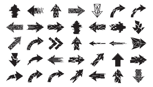 A collection of diverse arrow icons featuring modern design styles including glitch art, pixelation, geometric patterns, and fragmented shapes, isolated on white background.