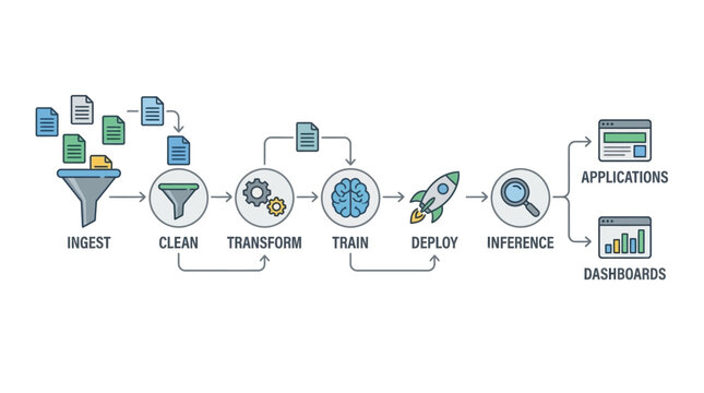 A detailed infographic illustrates the machine learning process from data ingest to dashboards.