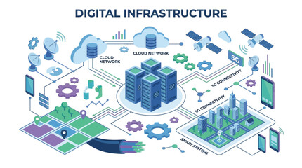 Naklejka premium A futuristic illustration depicts a server surrounded by various digital elements and icons representing technology and infrastructure in a modern cityscape.