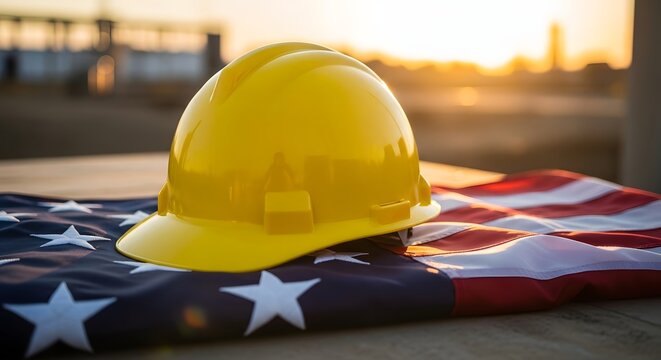Yellow construction hard hat resting on an american flag