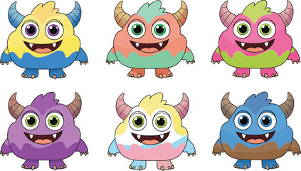 Obraz premium Cute cartoon monster set with colorful horned creatures illustrating fantasy characters, kids mascots, and playful vector illustration collection