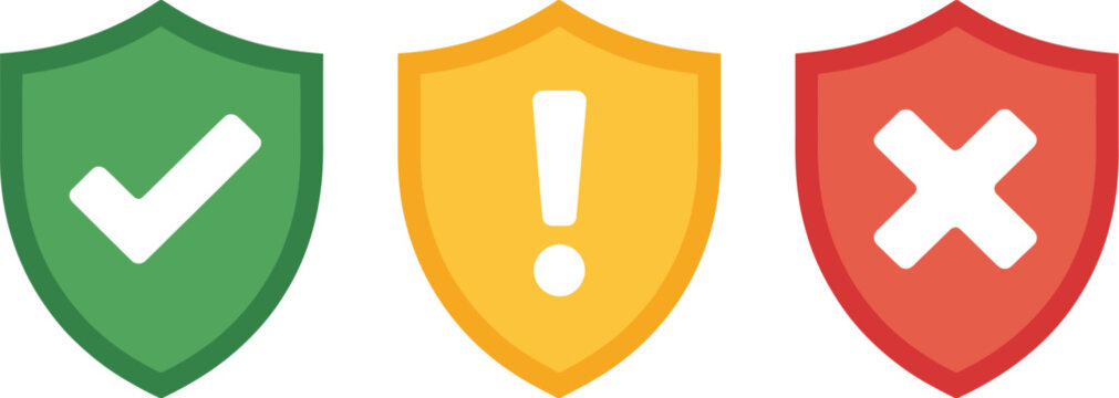 Shield icon set with check and cross symbols, security protection and status indicators including success warning and error signs for digital interface design.