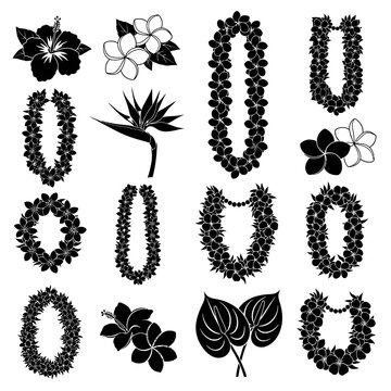 Black and white tropical flower leis and foliage silhouettes