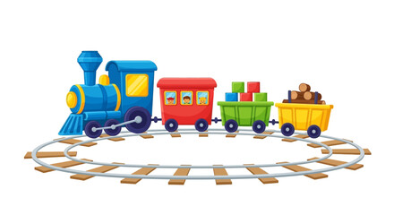 Fototapeta premium Cartoon toy train with colorful cars on tracks