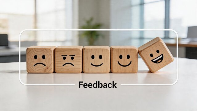 Business customer satisfaction concept wooden cubes with facial expressions in office negative and positive feedback symbols quality rating system client reviews representation