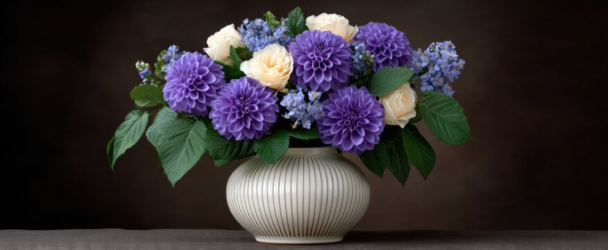 Karangan bunga mewah elegan berisi bunga ungu dan krem dalam vas keramik putih.