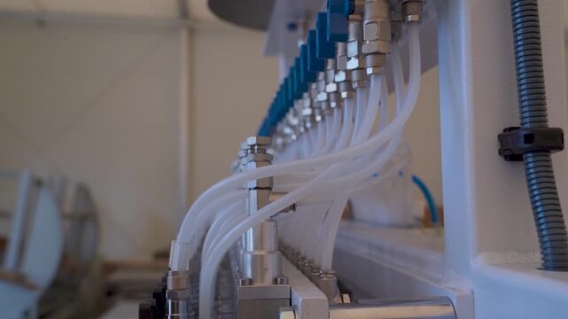 Industrial pneumatic system with blue valves and plastic tubes manifold