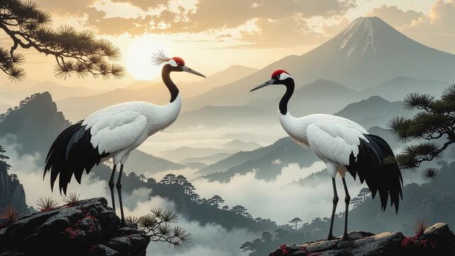 Elegant Japanese Red-Crowned Cranes Among Pine Branches Ukiyo-e Style Seamless Loop