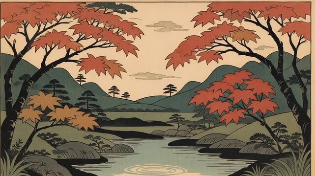 Tranquil Japanese Autumn Mountain Valley with Red Maple Trees Ukiyo-e Animation Loop