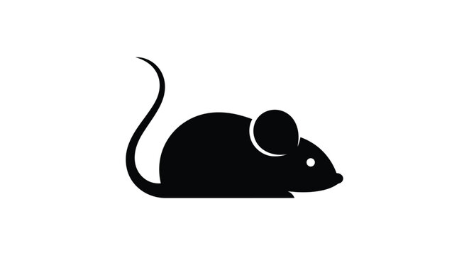 Minimalist black vector graphic illustration of a simple mouse with a long tail and an eye.