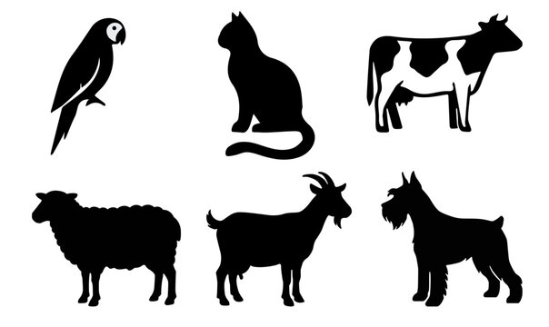 Animal silhouette set  cat, dog, cow, sheep, goat, parrot