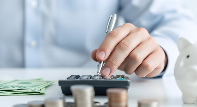 Close-up of a person calculating finances with a pen, calculator, coins, and piggy bank on a desk