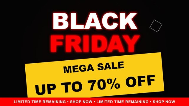 A Black Friday mega sale advertisement with up to 70% off, featuring bold red and white text on a black background and a yellow banner.
