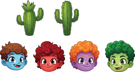 Cartoon cactus plants and colorful kids faces set illustrating desert flora and playful character avatars, cute design elements, and vector illustration collection © Rumi
