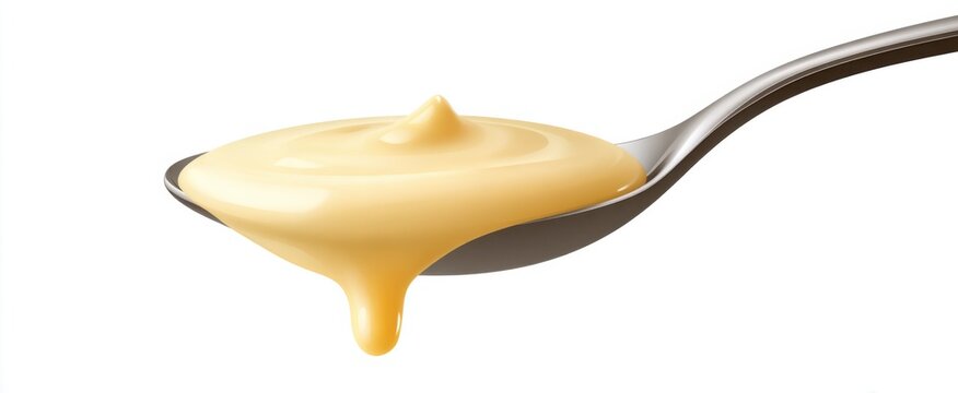 Vanilla cream dripping from a spoon ideal for baking and pastry applications on white.