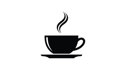 Obraz premium Minimalist black silhouette vector illustration showing a steaming cup of coffee on a saucer.