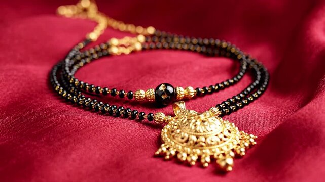 Traditional Indian mangalsutra necklace with gold pendant and black beads on luxurious red silk fabric, matrimonial symbol, luxury jewelry