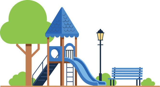 Simple playground park vector illustration featuring kids slide structure, tree, bench and street lamp in clean flat design style