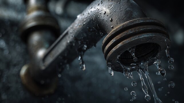 Water flows from a rusty metal pipe in a basement setting during late afternoon