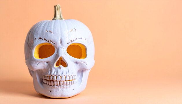 Pastel pumpkin with carved skull face, subtle bone contours, hollow eyes, and teeth detail on peach background, Halloween decoration, eerie and creative mood