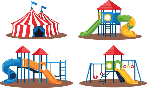 Playground and circus vector set featuring striped tent and colorful kids play structures with slides, swings and climbing equipment in cartoon style