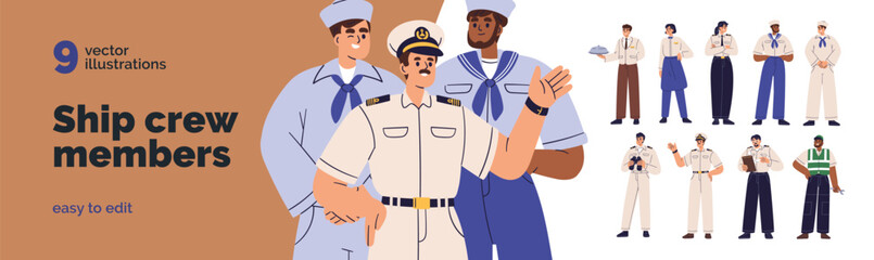 Crew of ship set. Marine team- captain, navigator, sailor, officer, boatswain and service worker. Sailing personnel, maritime staff in uniform. Flat vector illustration isolated on white background © Good Studio