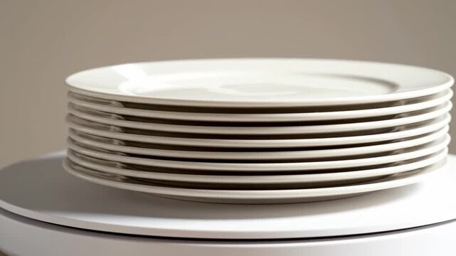 Stacked white plates rotating on a turntable, showcasing smooth surface and elegant design