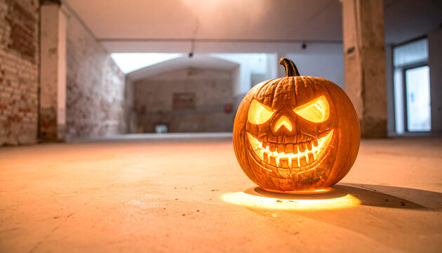 Glowing pumpkin carved face Halloween spooky moody spotlight skull autumn empty room eerie atmosphere dramatic lighting festive seasonal celebration orange shadow scary creative decoration holiday