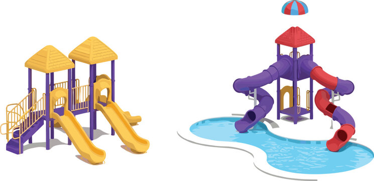 Kids playground and water slide vector set featuring colorful play structures, pool slides and outdoor recreation equipment in modern cartoon style