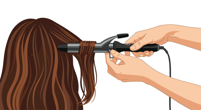 Meticulous hands carefully wrap a section of long brown hair around a hot black curling iron while white steam rises against a clean white background.