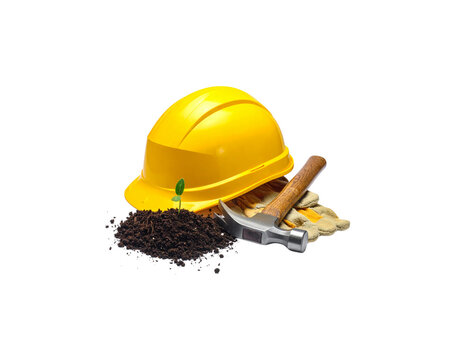 A yellow construction helmet and protective leather gloves are placed separately on a white background.