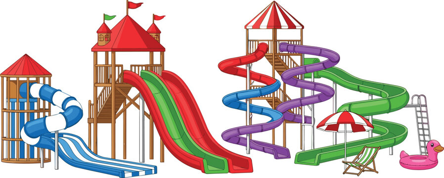 Colorful playground water slide vector set featuring kids play structures, spiral slides, towers and summer pool attractions in detailed cartoon style