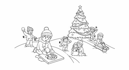 Obraz premium Children enjoying winter activities, building a snowman and sledding near a Christmas tree