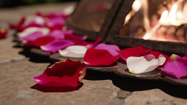 Scattered rose petals in red, pink, and white near a glowing fireplace, creating a romantic atmosphere, shallow depth of field