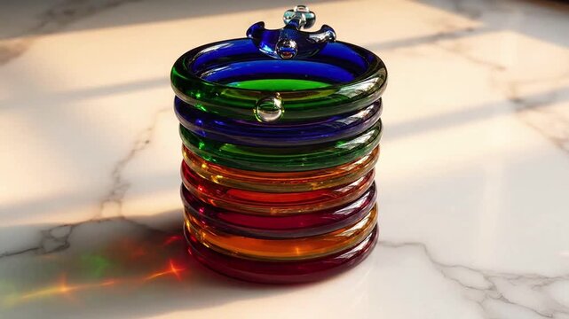 Stacked rainbow colored glass bangles with a sparkling blue top ornament on a marble surface, elegant jewelry stack, decorative accessory