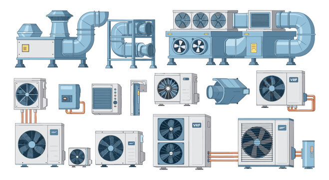 This detailed set of mechanical HVAC equipment includes various outdoor air conditioning condensers and ventilation ducting components for building climate control.