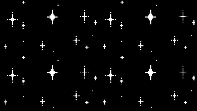 Pixel art star sparkle background with vertical scrolling motion. Animated starry sky backdrop, twinkling elements for interface design and retro video game visuals.