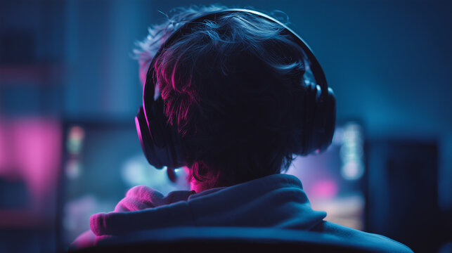 Esports gamer wearing headset in neon lighting focused on competitive online gaming