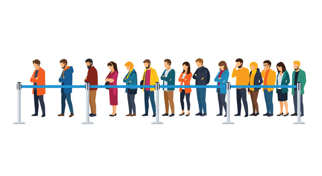 A diverse queue of sixteen people stands patiently in a long horizontal line behind a blue retractable belt barrier against a clean white background.
